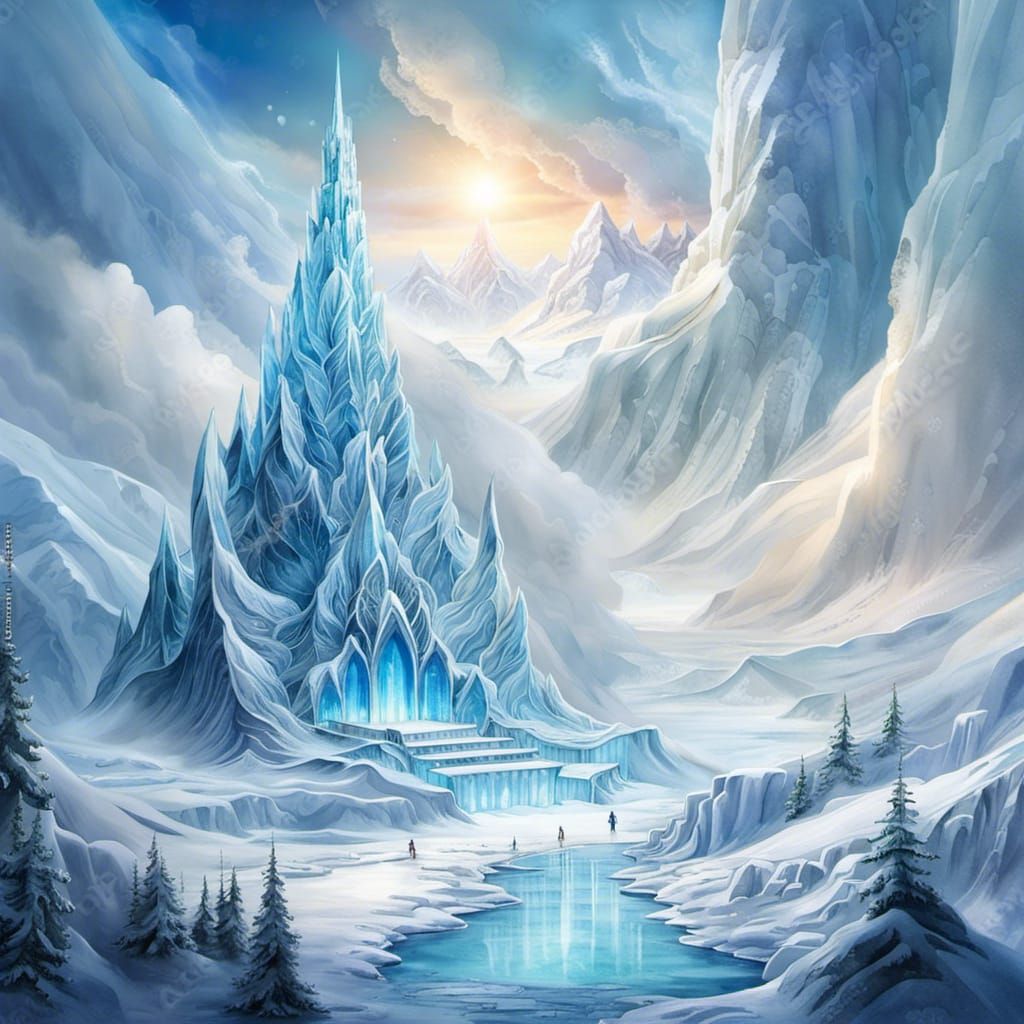 Fantasy Ice Resort in Watercolor Style