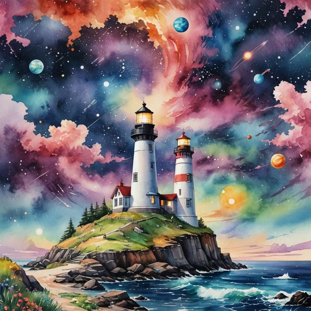 Colorful Galaxy Lighthouse: Candy Art Watercolor