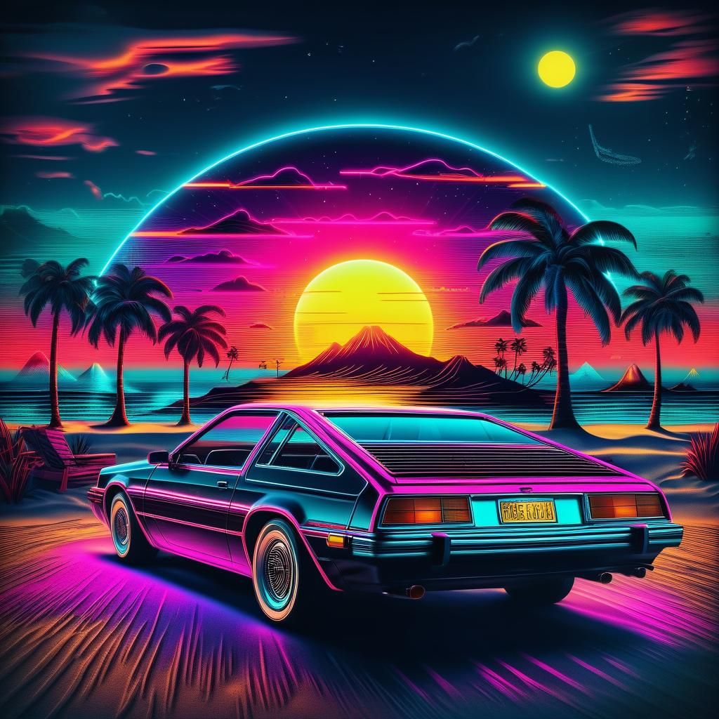 Vintage Car on Sunset Beach in Neon Art Style