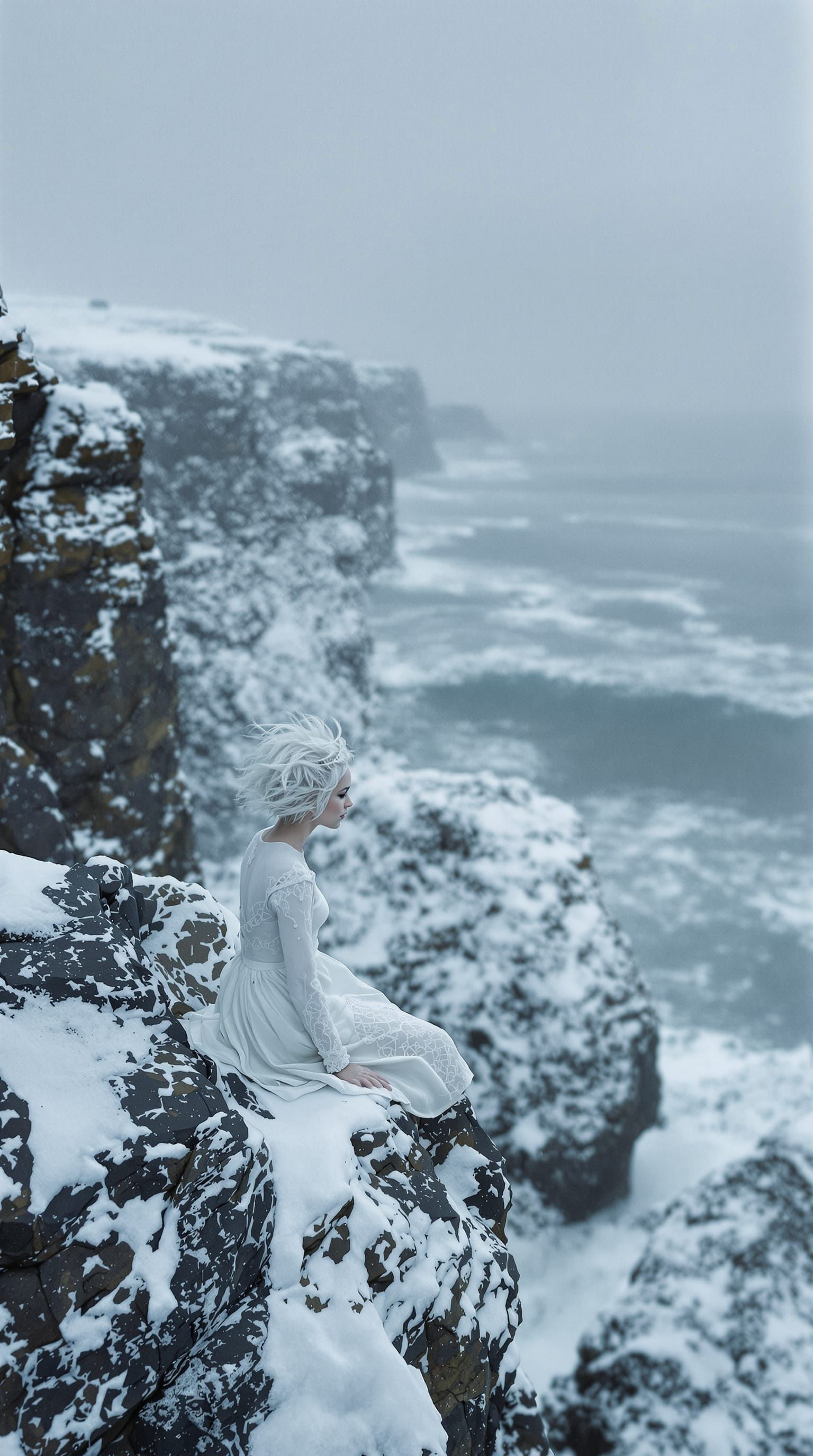 Albino Woman on Snowy Cliffs in Blizzard