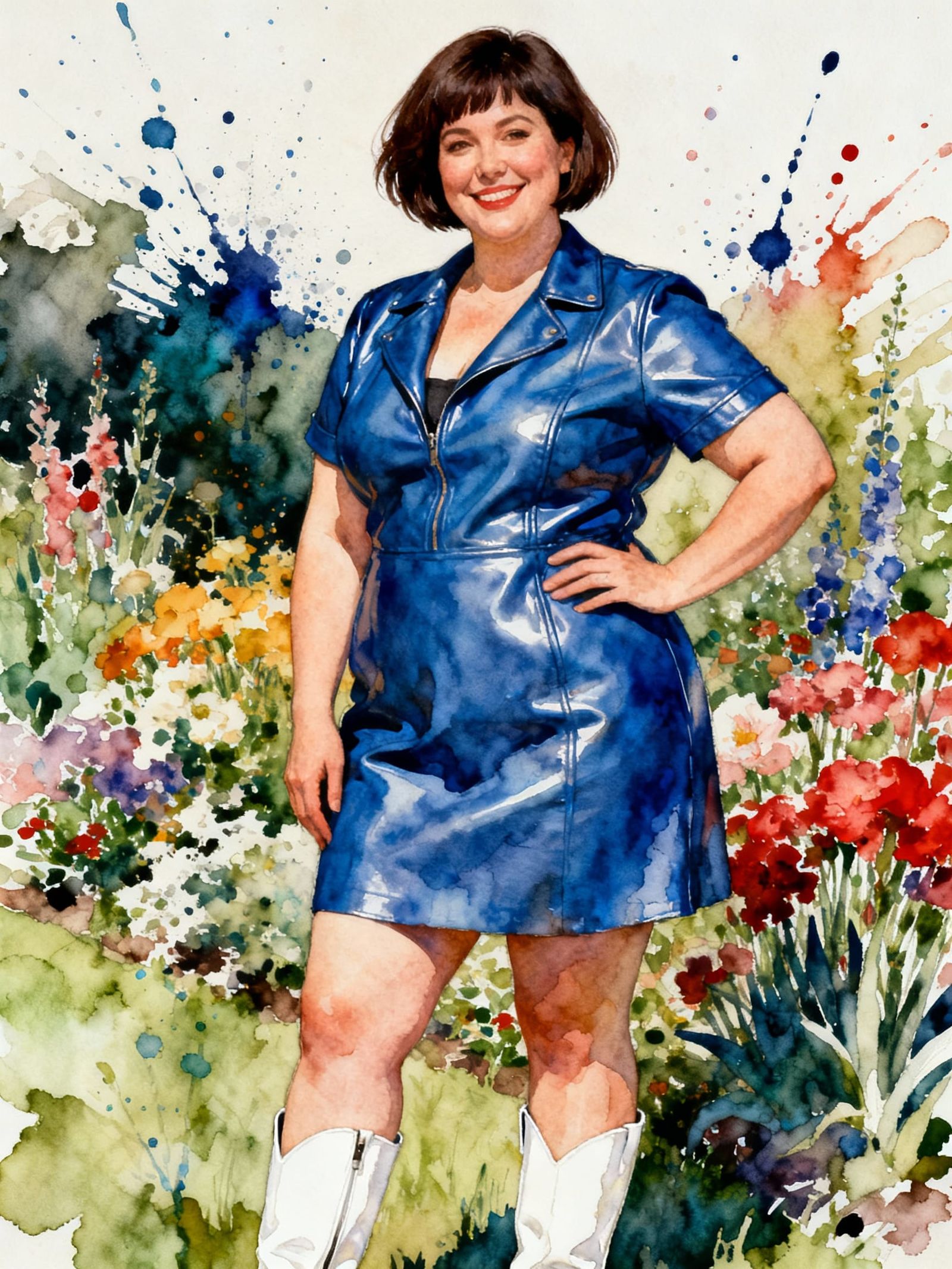 Curvy Woman in Blue Dress in Pop Art Garden