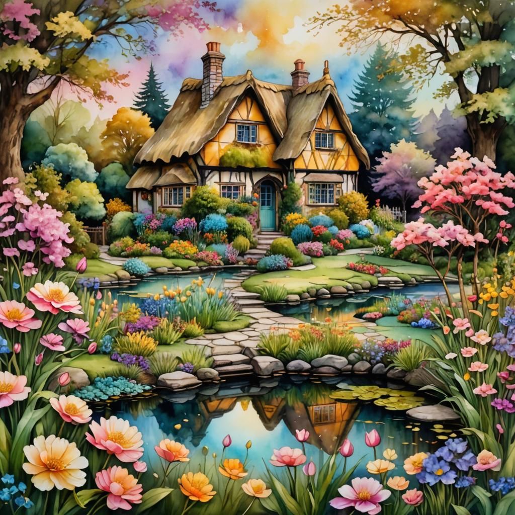Pastel Cottagecore Scene in Alcohol Ink Style