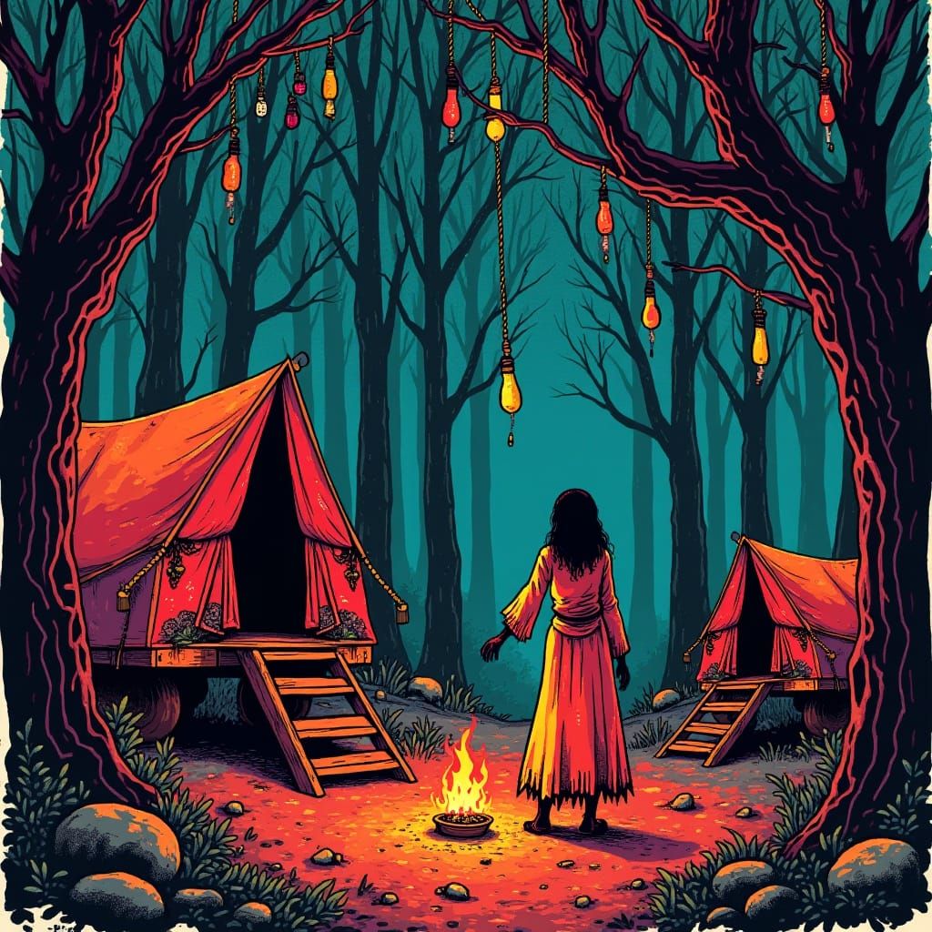 woodcut, linocut, relief print. brightly colored cursed gyps...