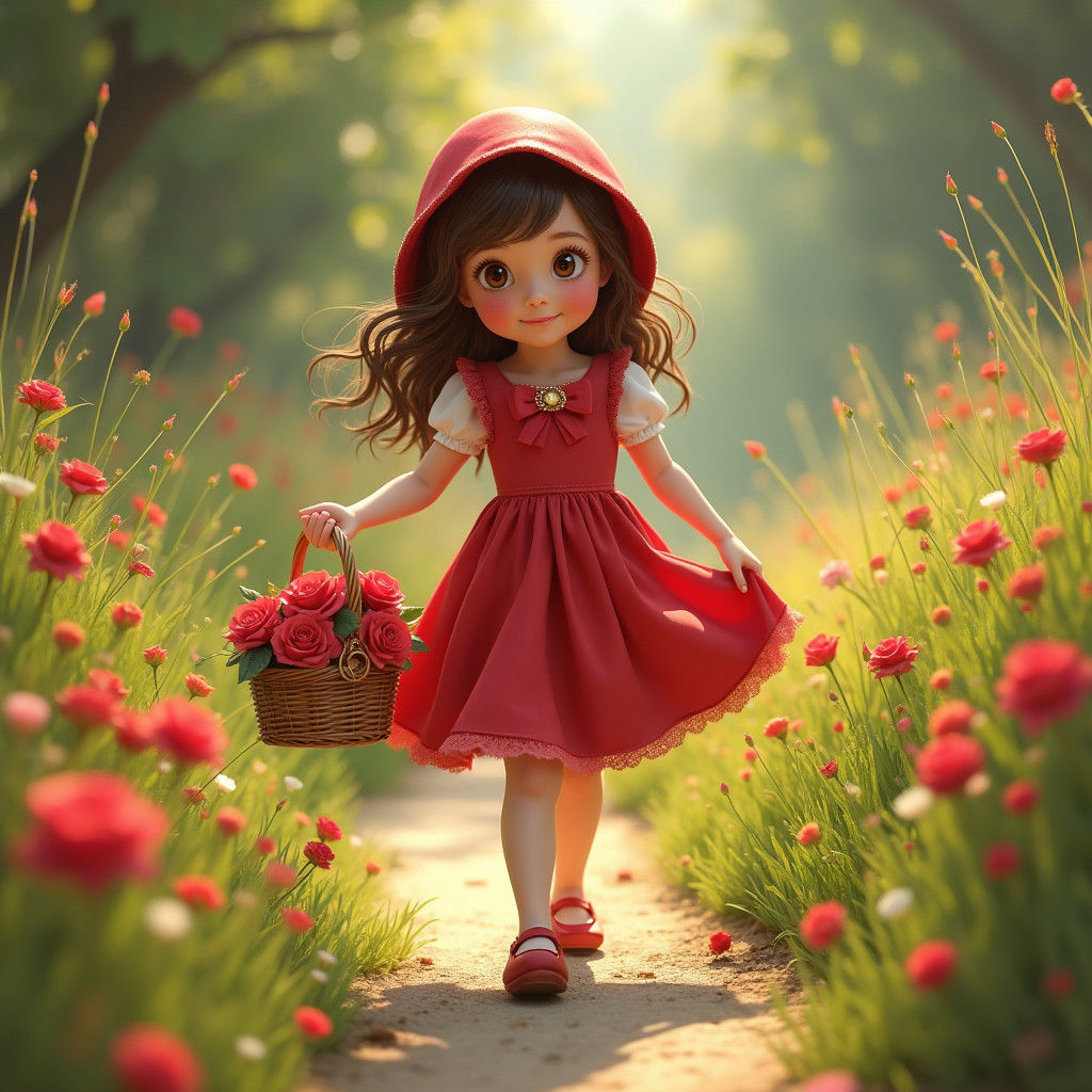 Girl in Red Dress with Roses, High-Fantasy Concept Art