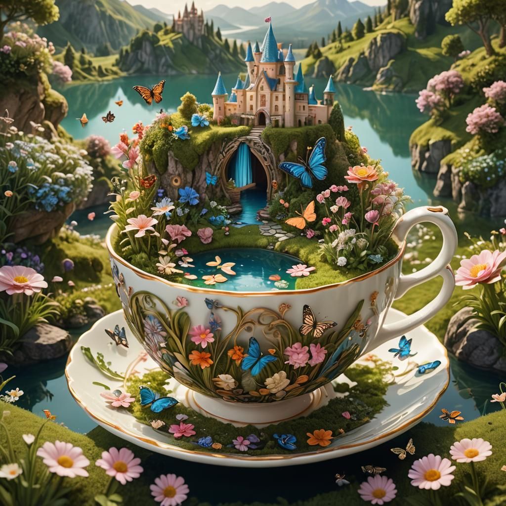 Fantasy World Teacup Portal: Detailed Matte Painting