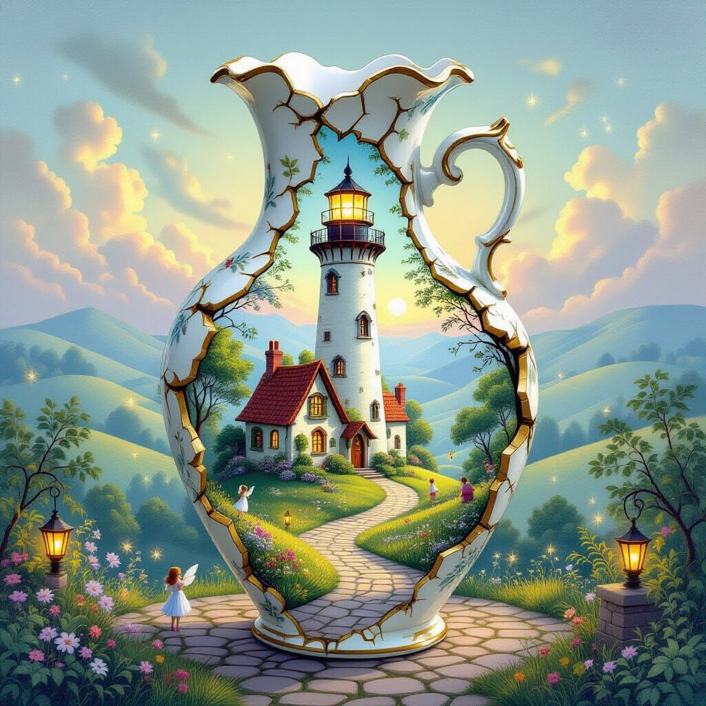 Fairytale Landscape Inside Antique Porcelain Vase