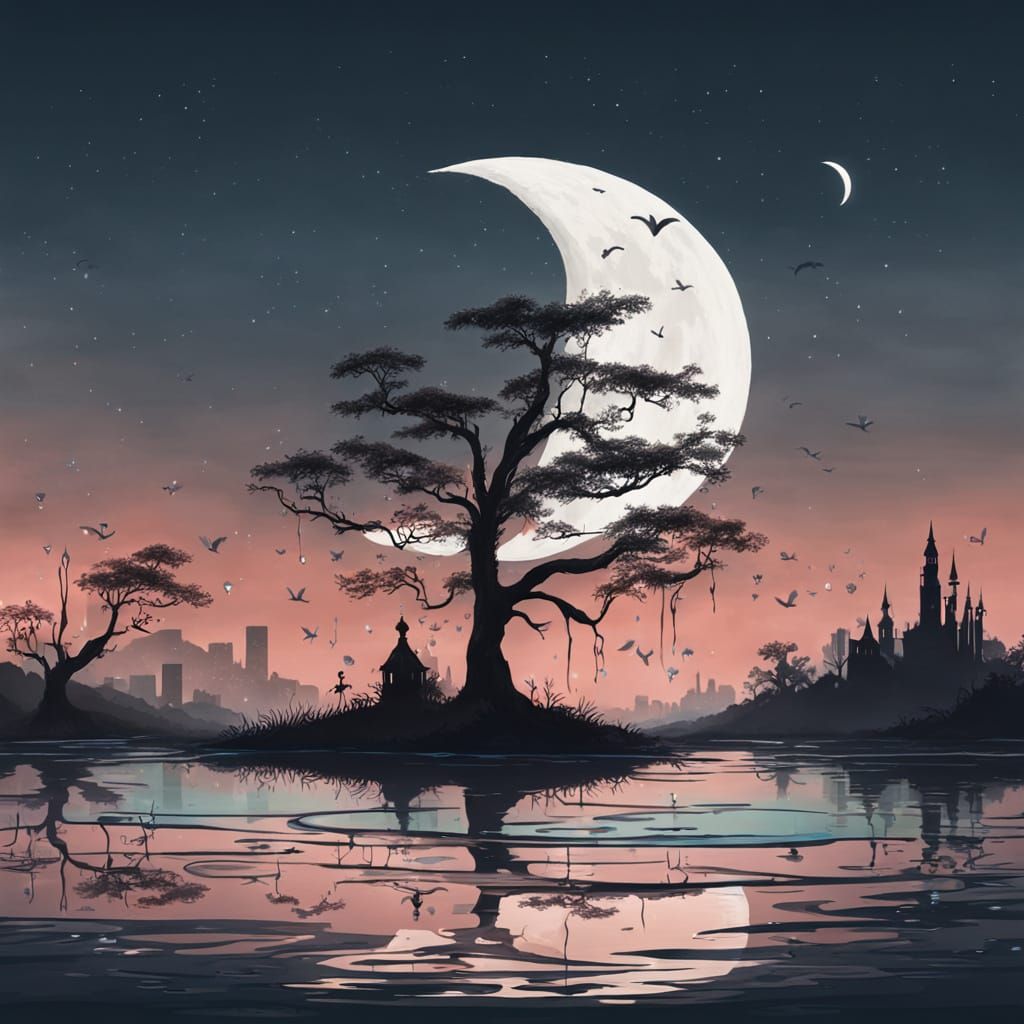 Water Shaped Crescent Moon Over Calm Sea