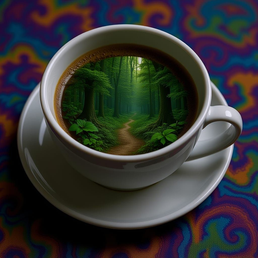 Lush Forest Overgrowing a Coffee Cup