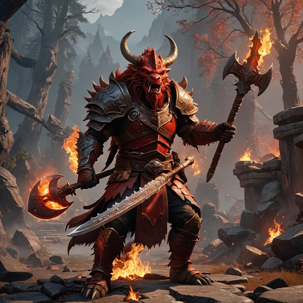 Red Dragonborn Barbarian with Flaming Greataxe