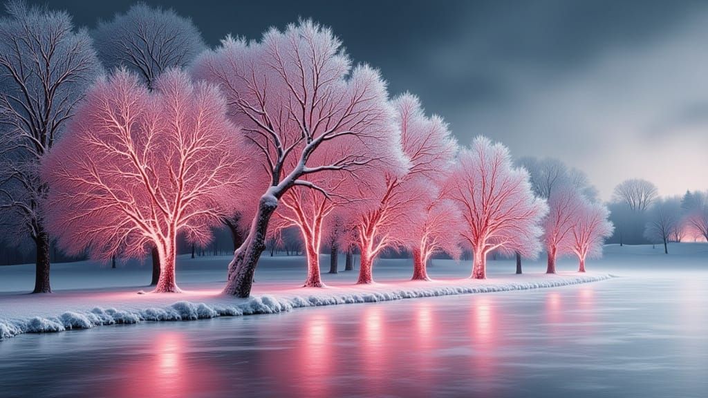 Serene Winter Landscape with Neon Frost Trees