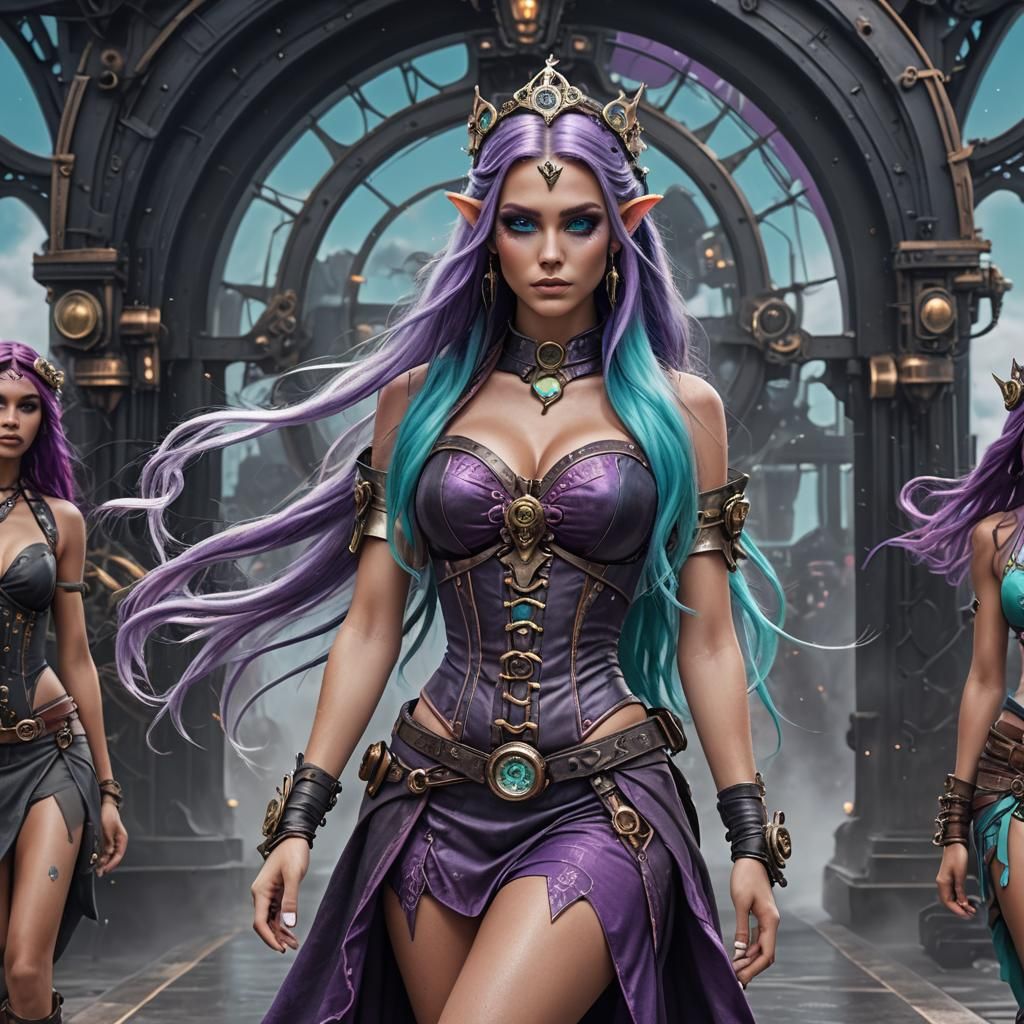 Steampunk Elf Models on Runway in Airbrush Style