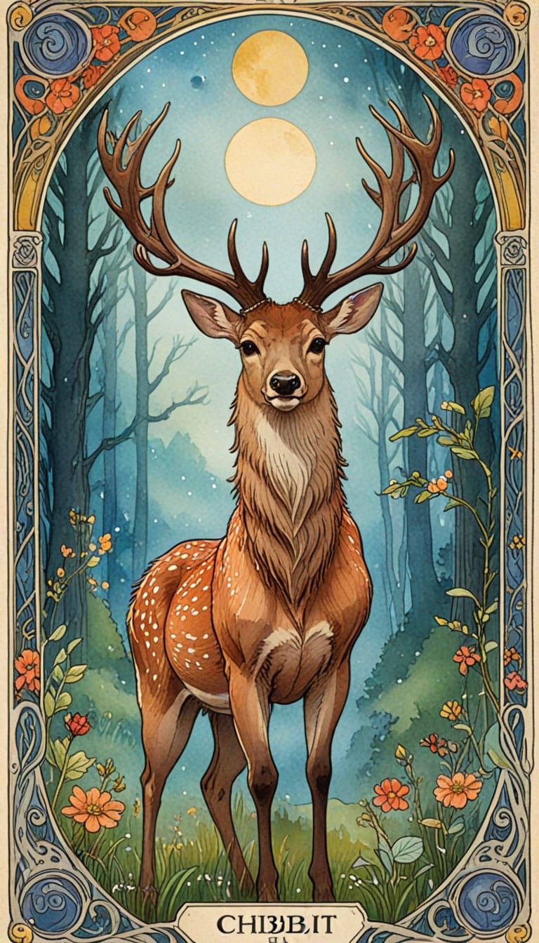Whimsical Art Nouveau Tarot Card with Stag Deer in Vibrant W...