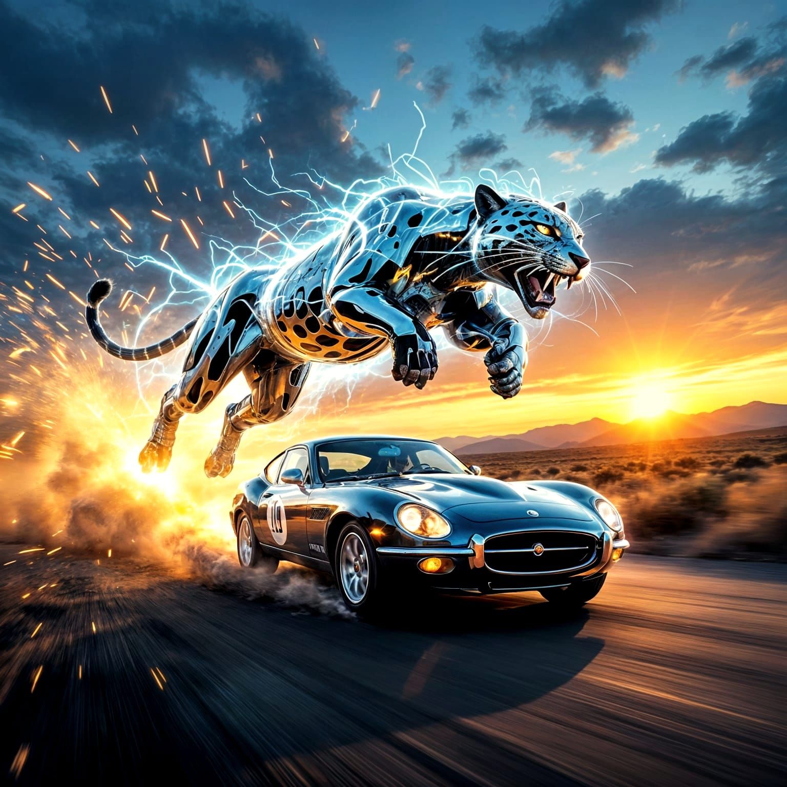 Jaguar Car Transforms into Metal Beast at Sunset