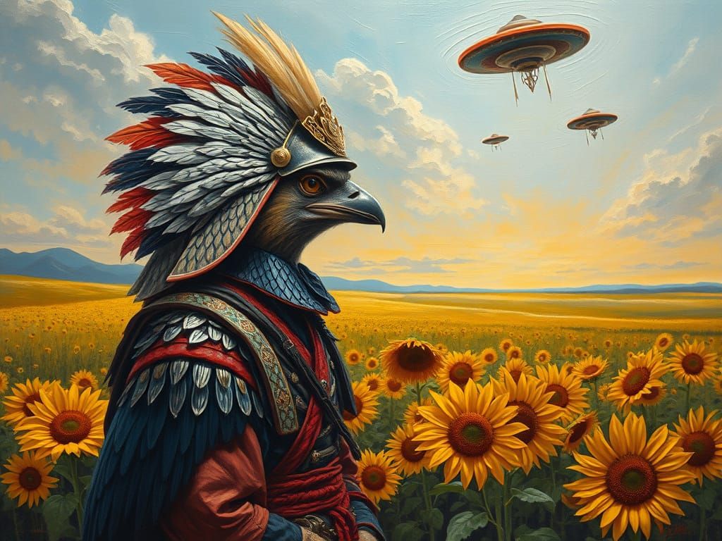 Bird Samurai Gazing at Distant UFOs in a Vibrant Oil Paintin...