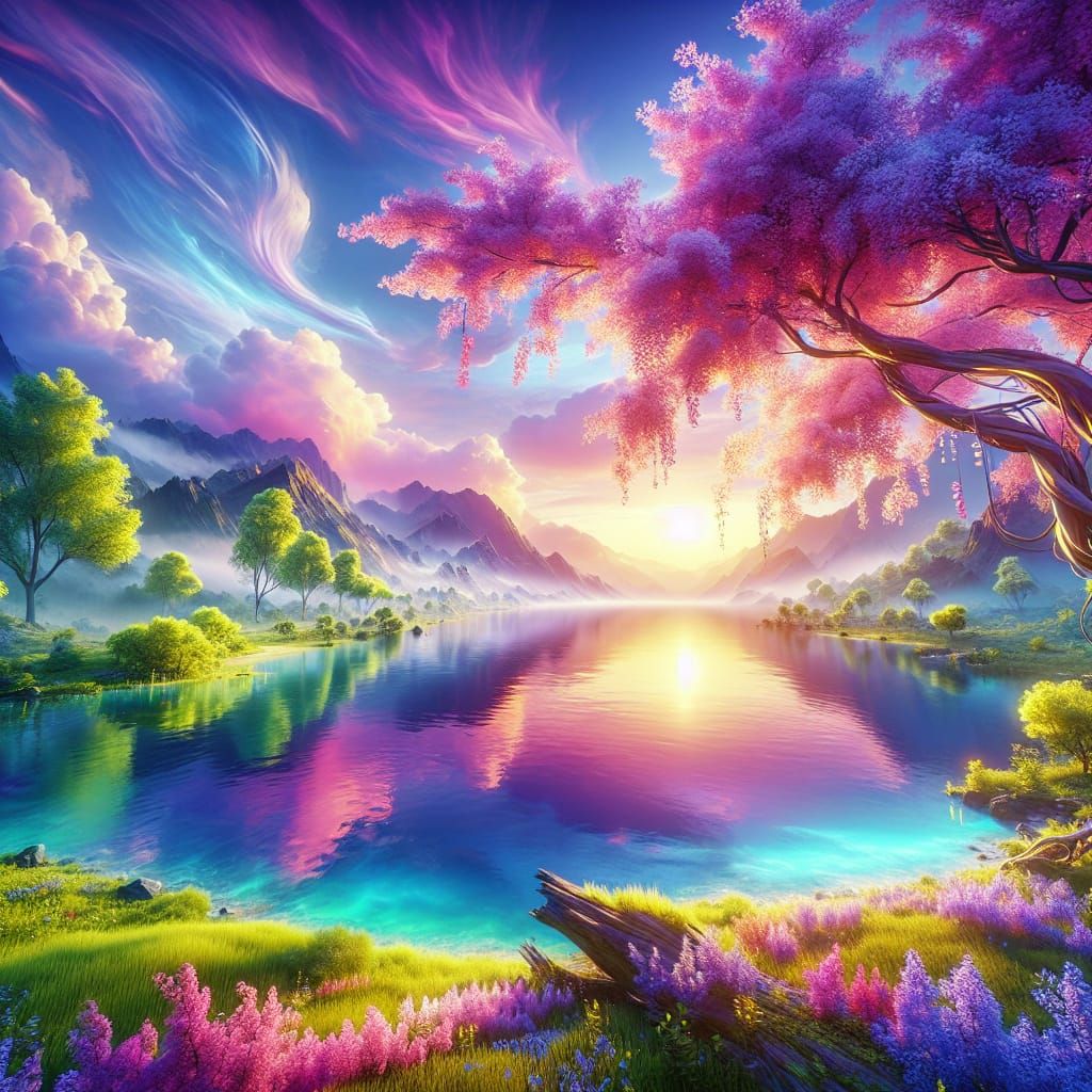 Tranquil Cherry Blossom Lake: Fantasy Concept Art