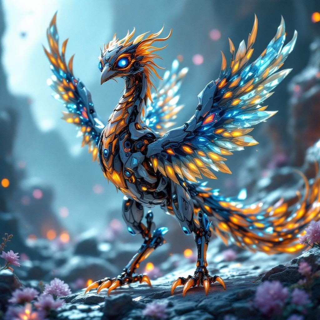 Crystal Bio-Mechanical Phoenix in Gothic Sci-Fi Style