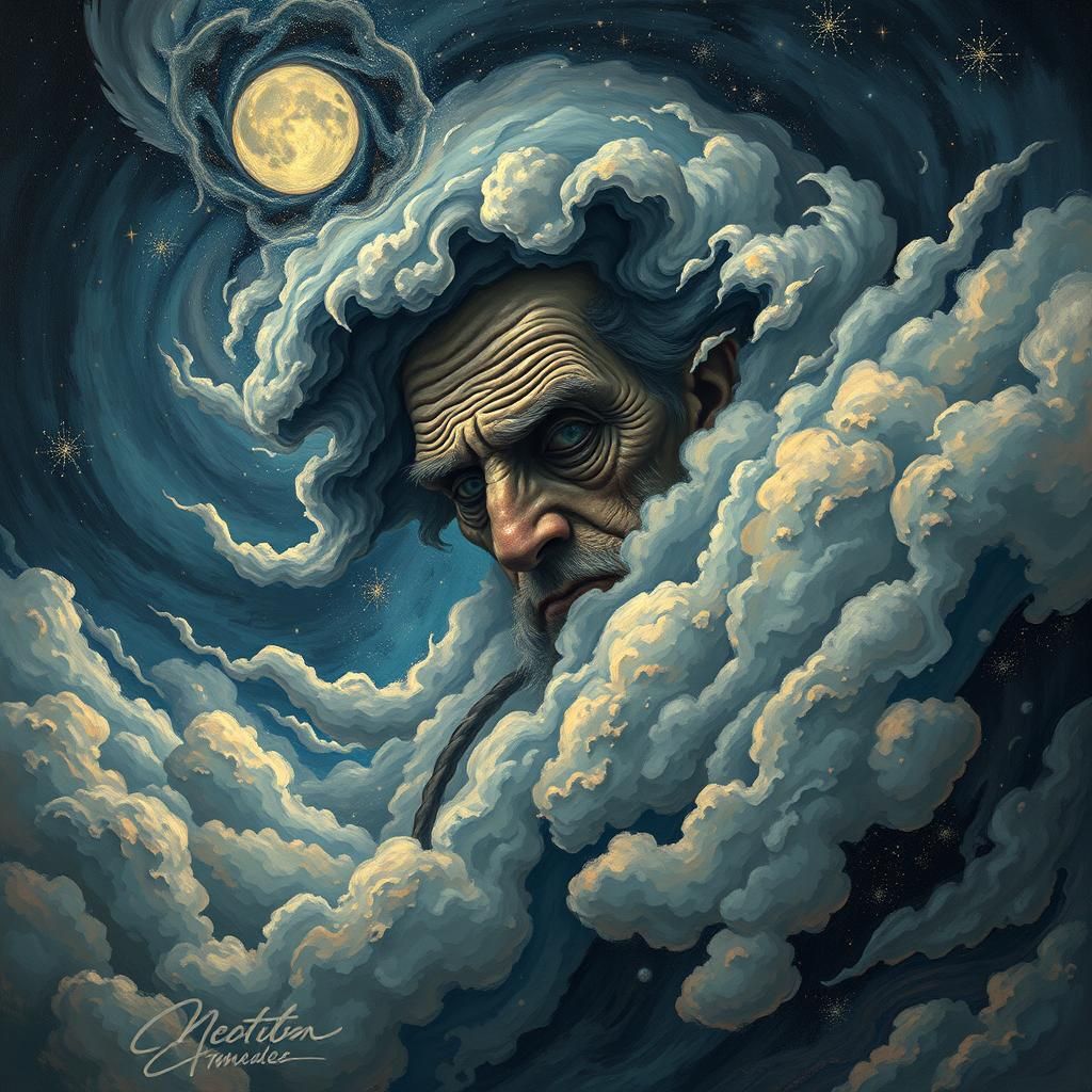 Surreal Cloudscape with Old Man in Sci-Fi Style