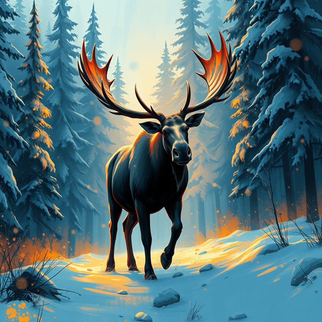 Moose in Snowy Forest Alcohol Ink Concept Art