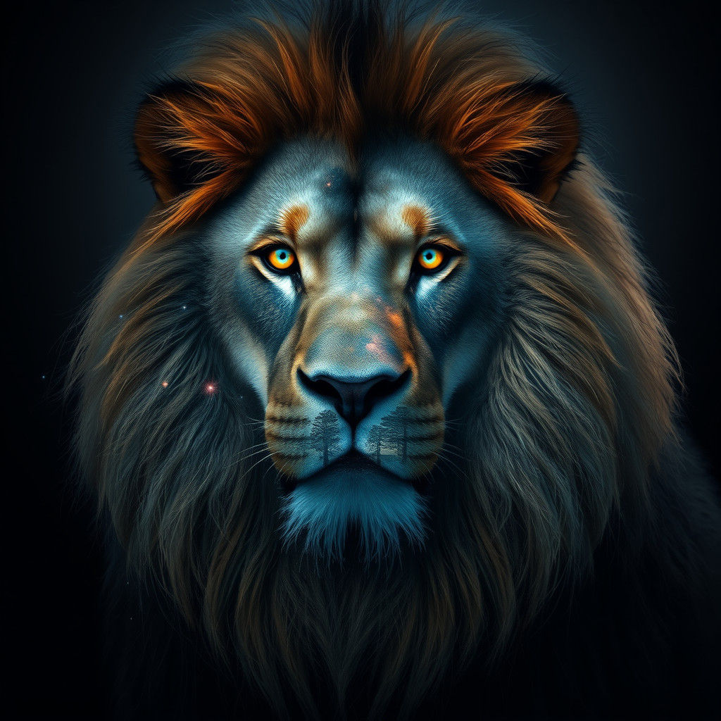 Ethereal Long-Haired Lion with Galactic Landscape