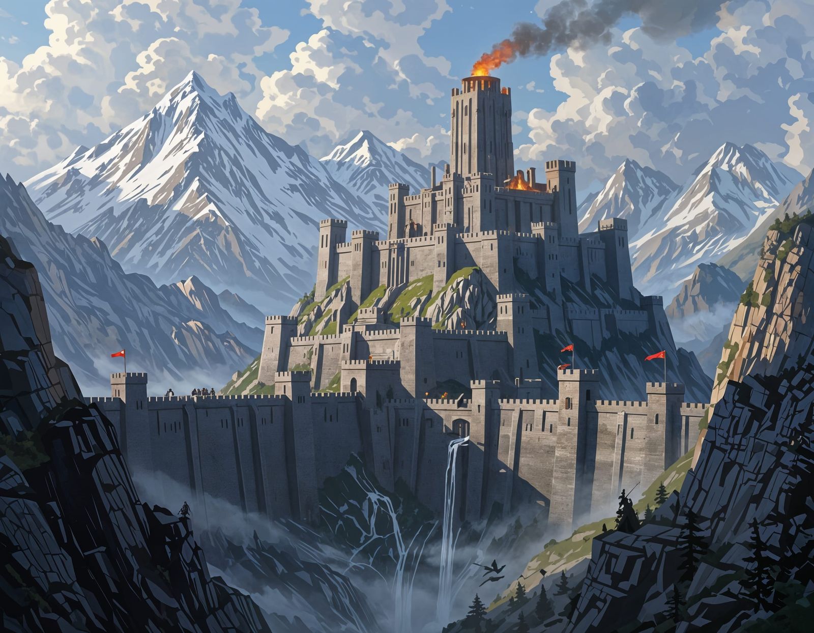 Epic Fantasy Mountain Fortress in Dramatic Storm