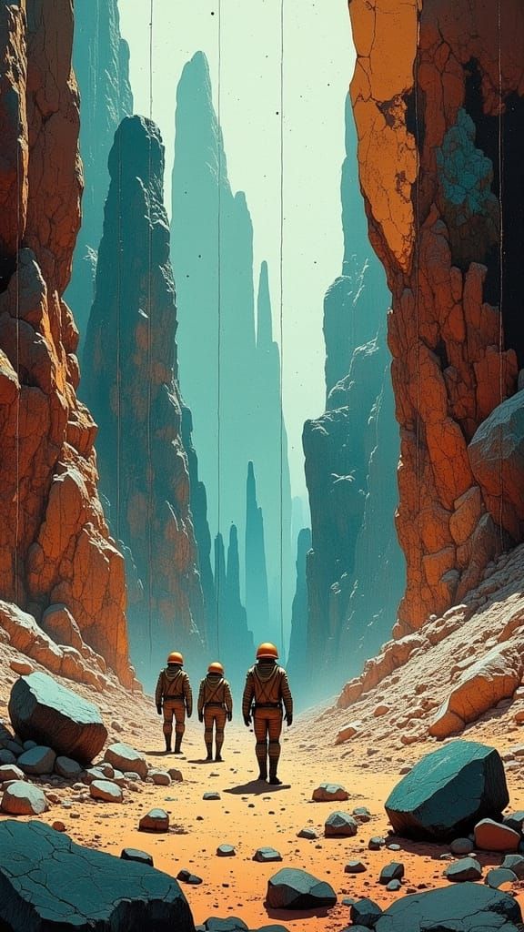 Soldiers in a Dreamlike Forest of Towering Quartz Crystals