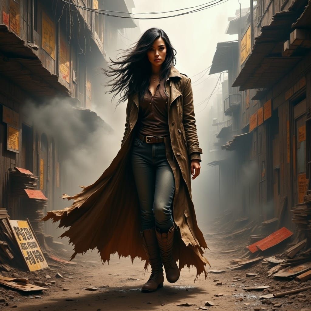 Woman Defies Chaos in a Turbulent Urban Landscape