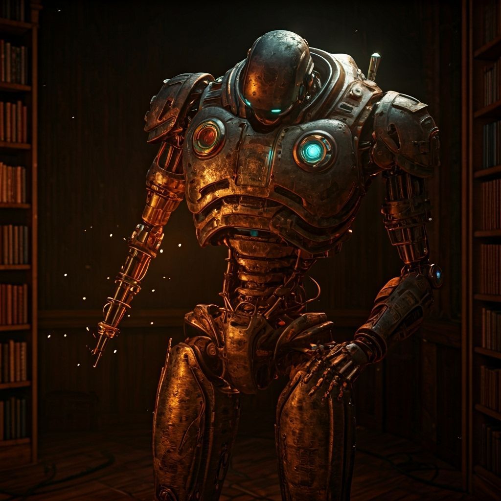 Damaged Robot Reading Tome in Dim Library