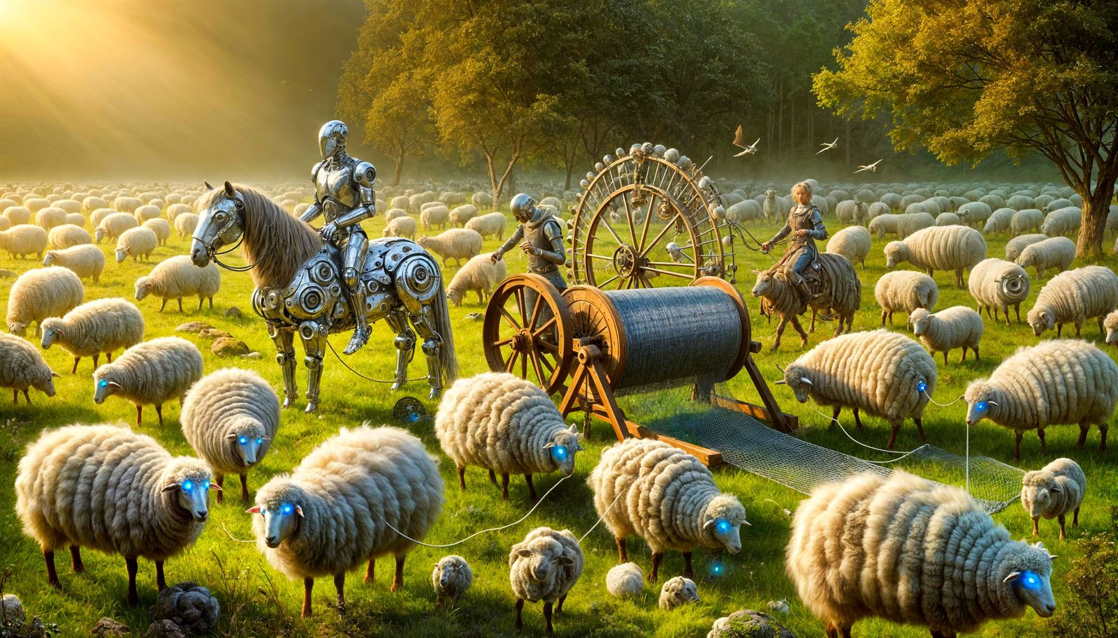 Cybernetic Sheep and Chainmail Knight in Futuristic Meadow