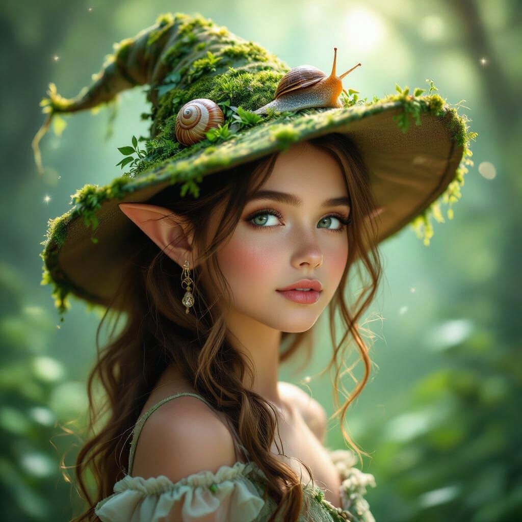Elf Girl With Snail Hat in Magical Forest