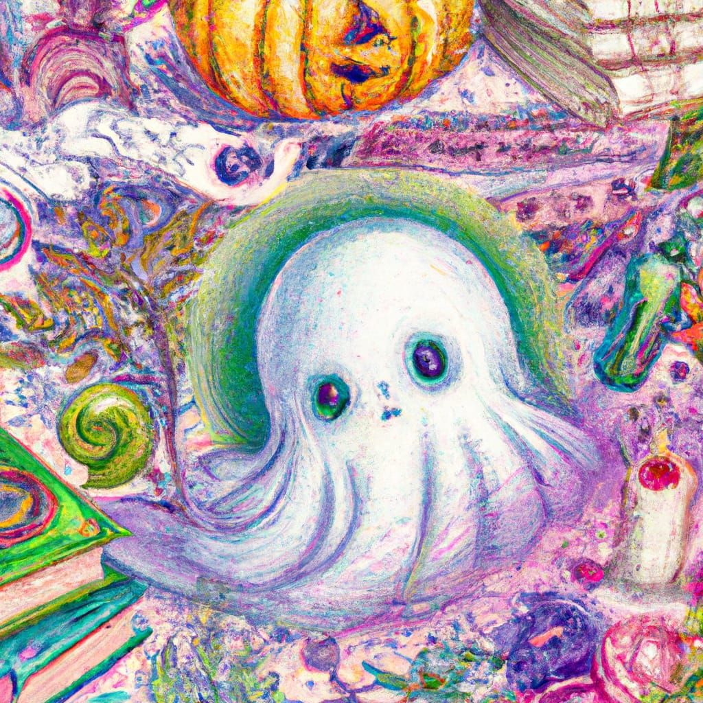 Cute Ghost Among Pumpkins: Colorful Pencil Drawing