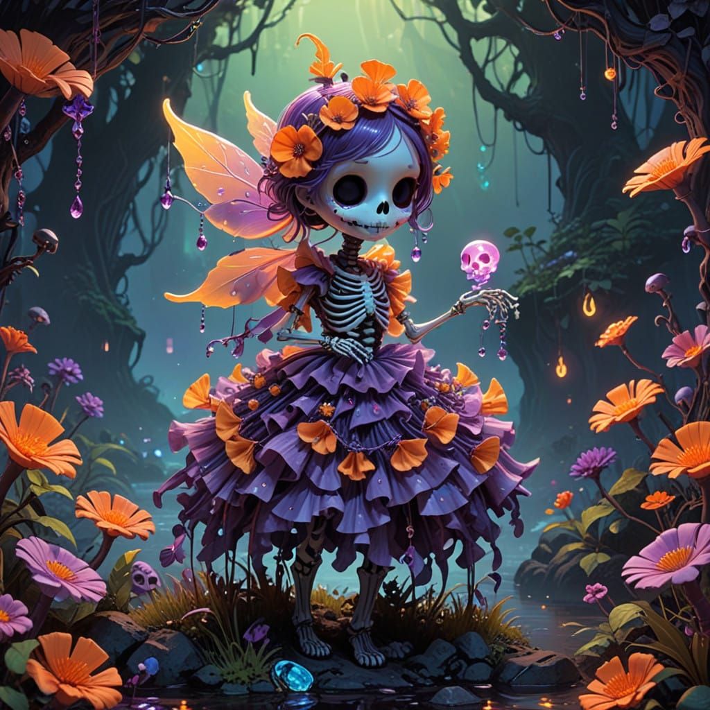 Whimsical Skeleton Emerges in Dreamy, Ethereal Realm