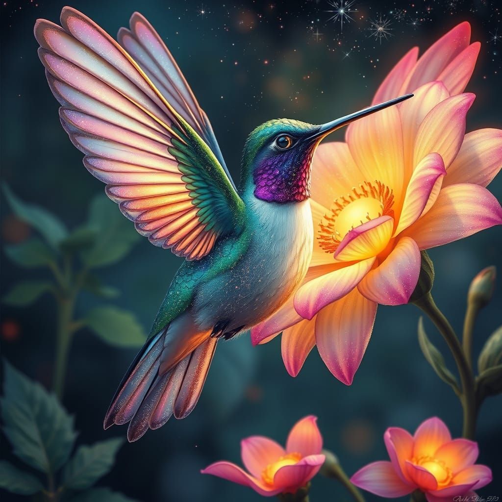 Celestial Hummingbird in Starlit Garden, Art Nouveau Style