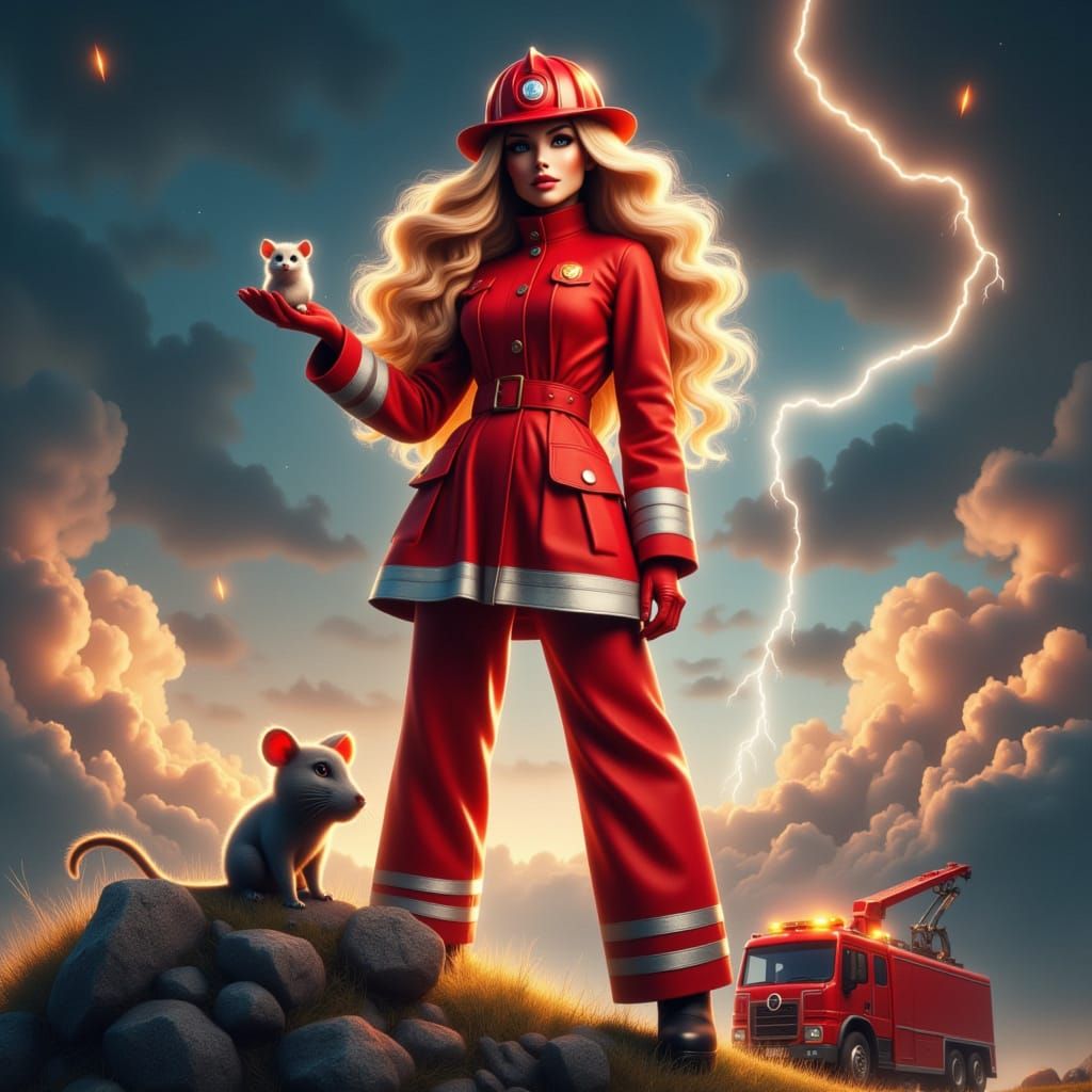 Epic Heroine in Vibrant Red Firefighter Uniform Stands Stron...
