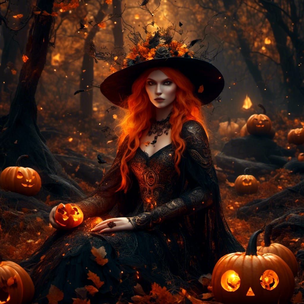 Beautiful Halloween Witch in Dark Forest, Matte Painting