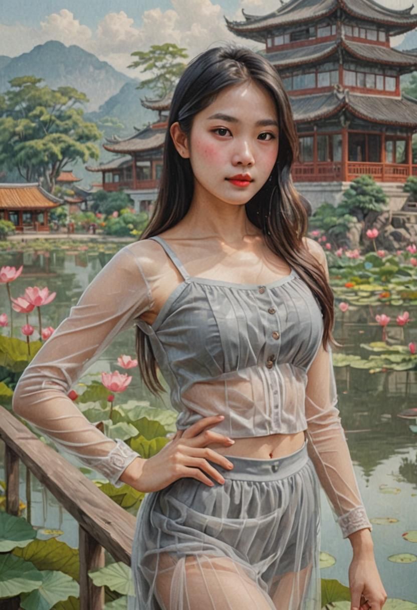 Vietnamese Woman in Tulle Skirt with Lotus Lake View