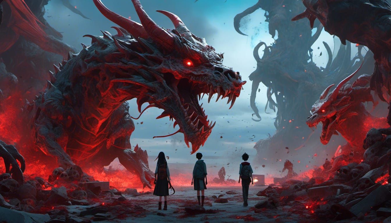 Anime Dragon Scene in Light Sky-Blue and Crimson