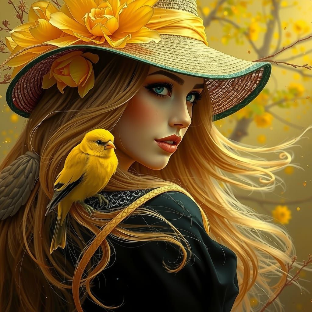 Ethereal Girl with Canary in Hyper-Realistic Digital Art