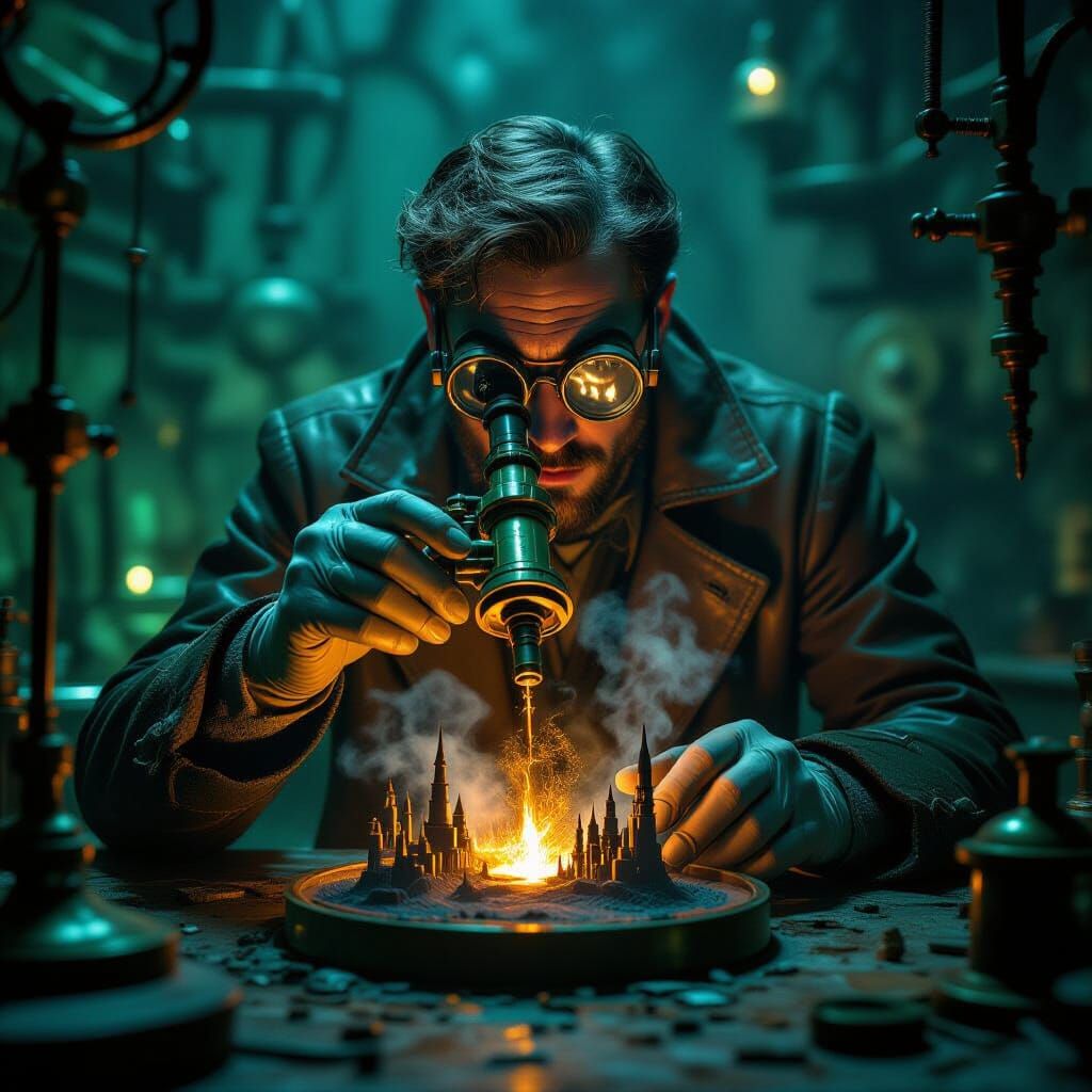 Steampunk Scientist in Dim Laboratory: Dark Fantasy Art