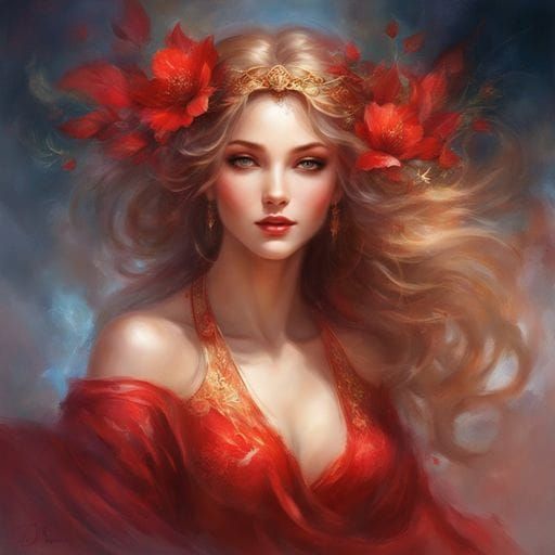 Alluring Woman in Red Lingerie: A Royo-Inspired Portrait