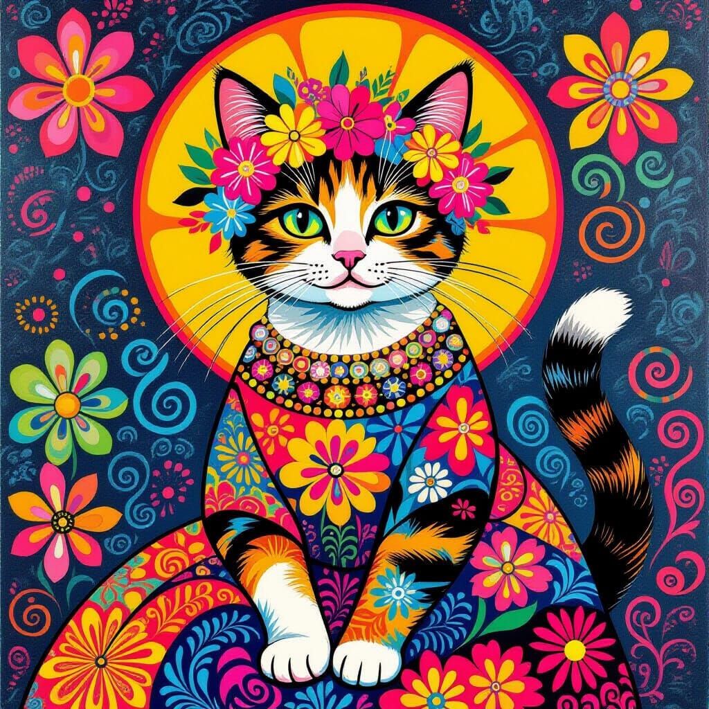 Flower Power Cat in Psychedelic Pop Art Style