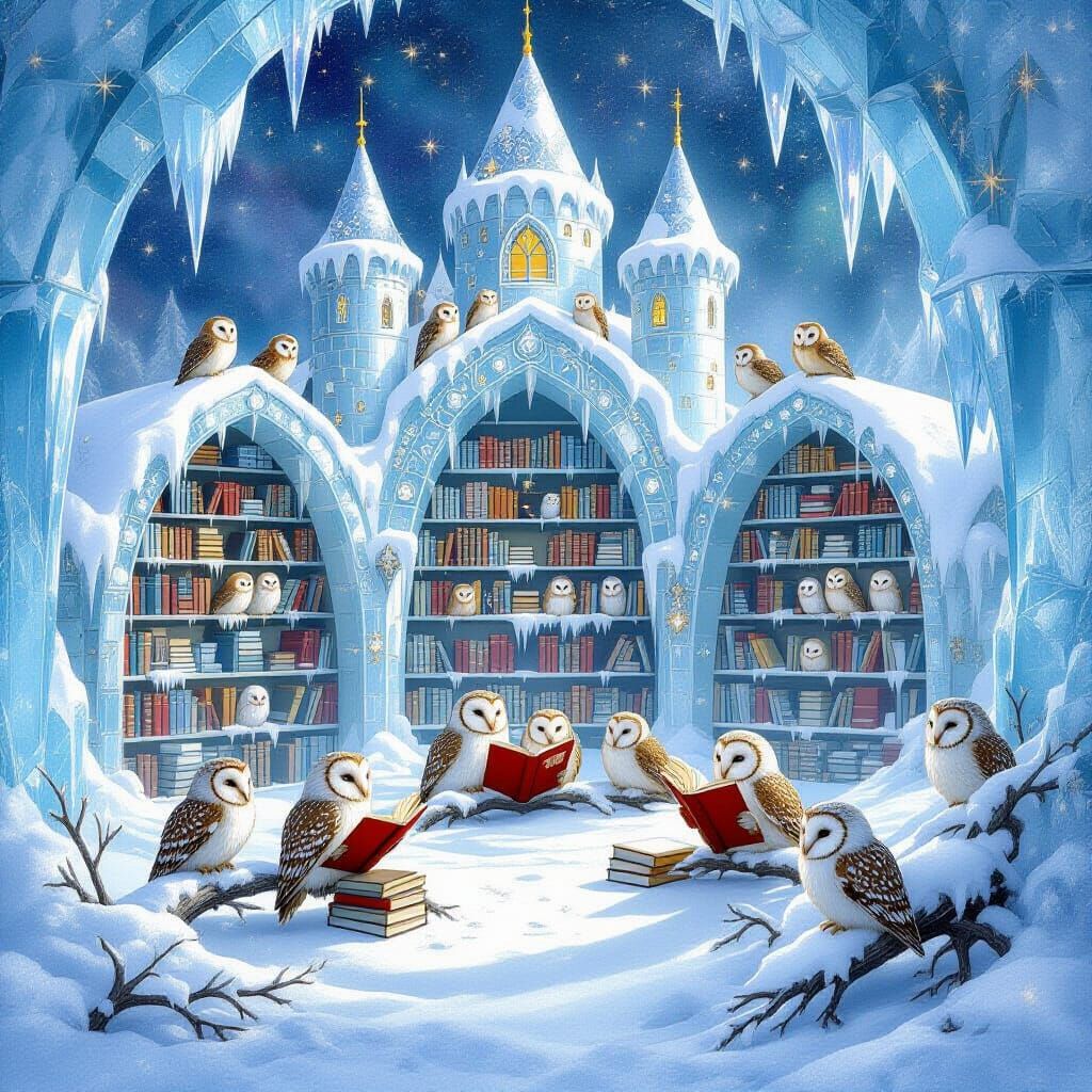 Magical Winter Library of Crystals and Owls
