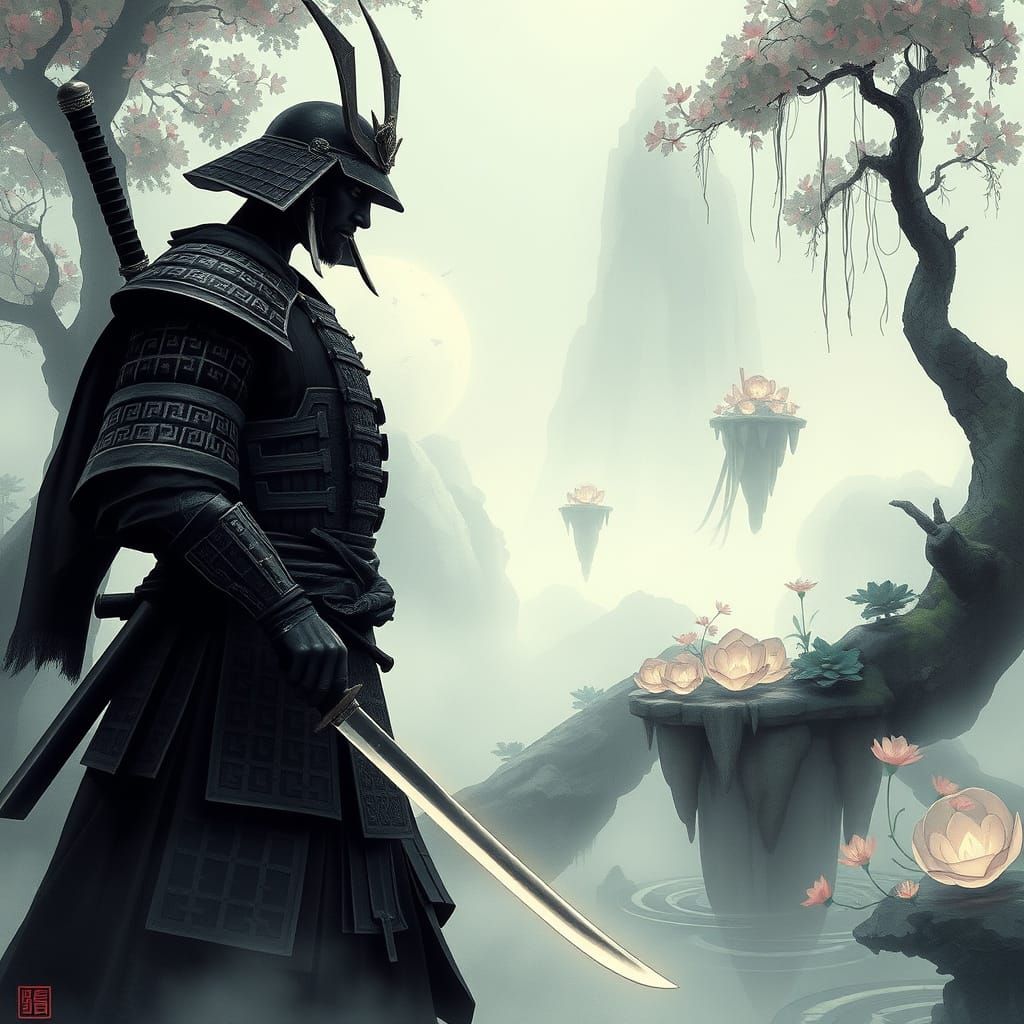 Samurai in Ethereal Garden: Fantasy Ink Wash