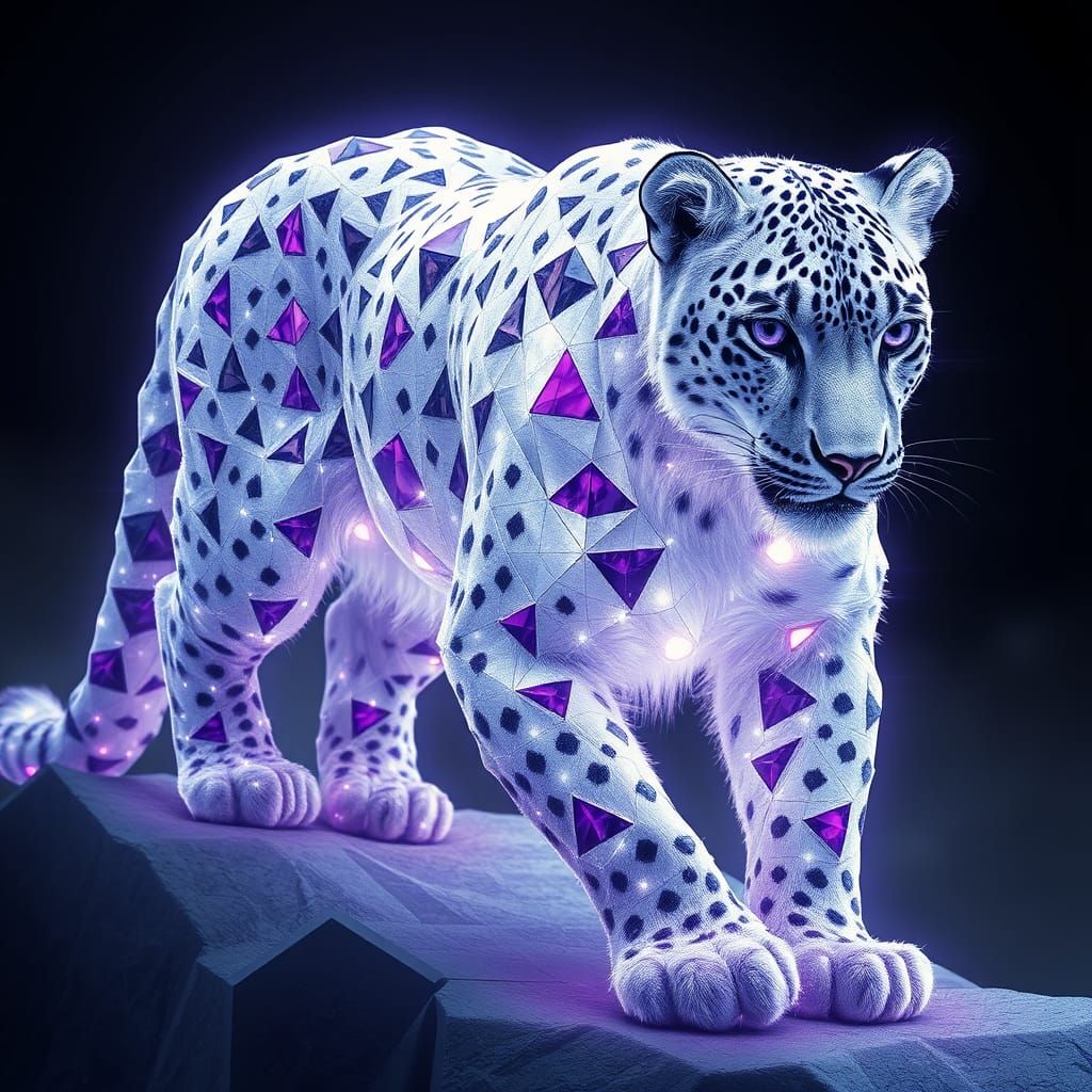 Majestic Silver Snow Leopard with Translucent, Luminous Body...