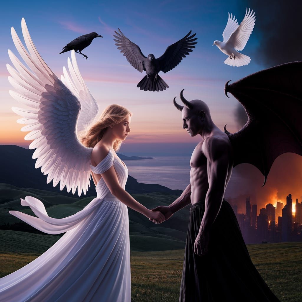 Angel and Demon Holding Hands at Twilight