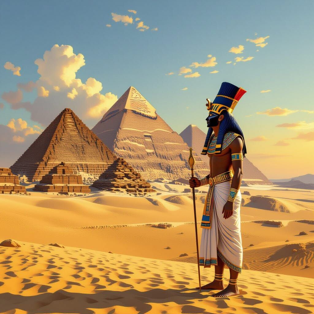 Ancient Egyptian Pharaoh Before Pyramids in Golden Hour Ligh...