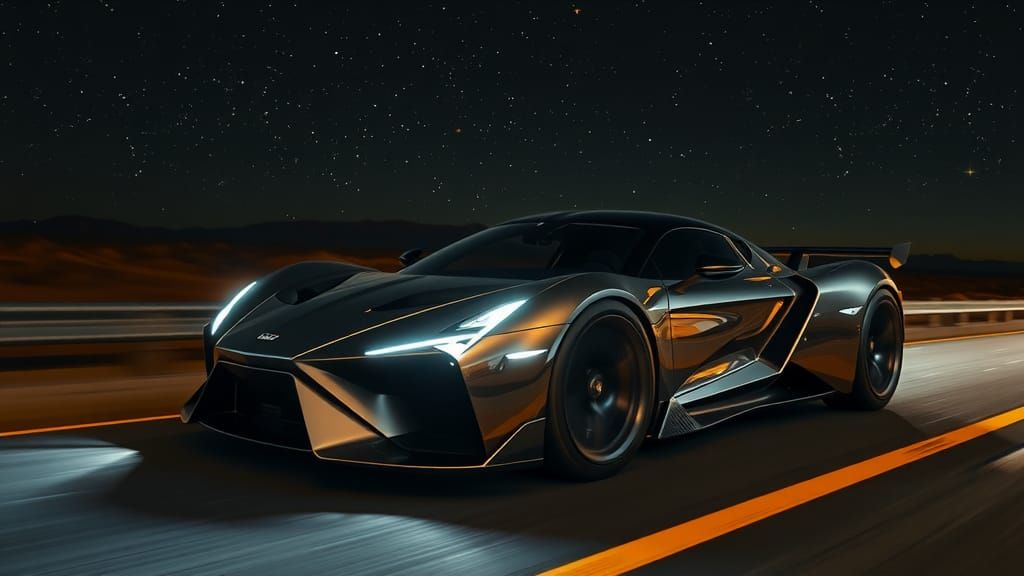 Futuristic Supercar Speeds Down Desert Highway at Night