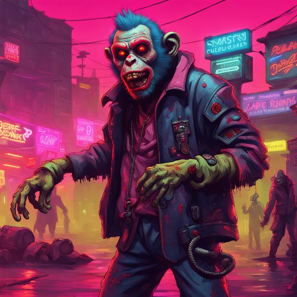 Cyberpunk Zombie Monkey Clown in Neon City