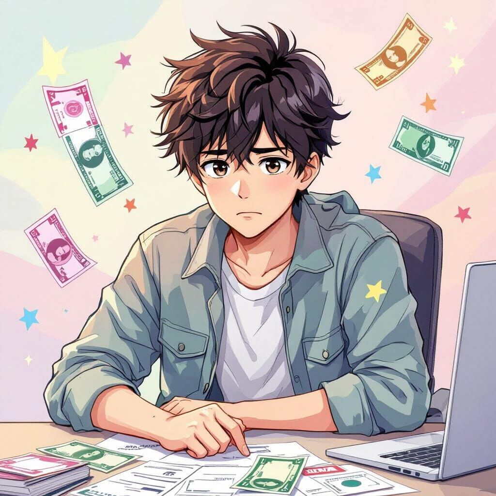 Worried Young Adult with Empty Pockets in Anime Style