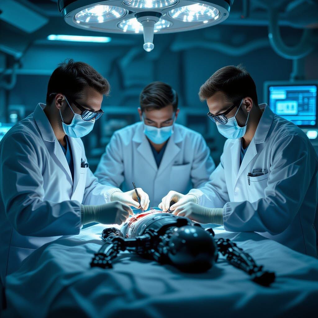 A group of doctors performing surgery on an alien biomechani...