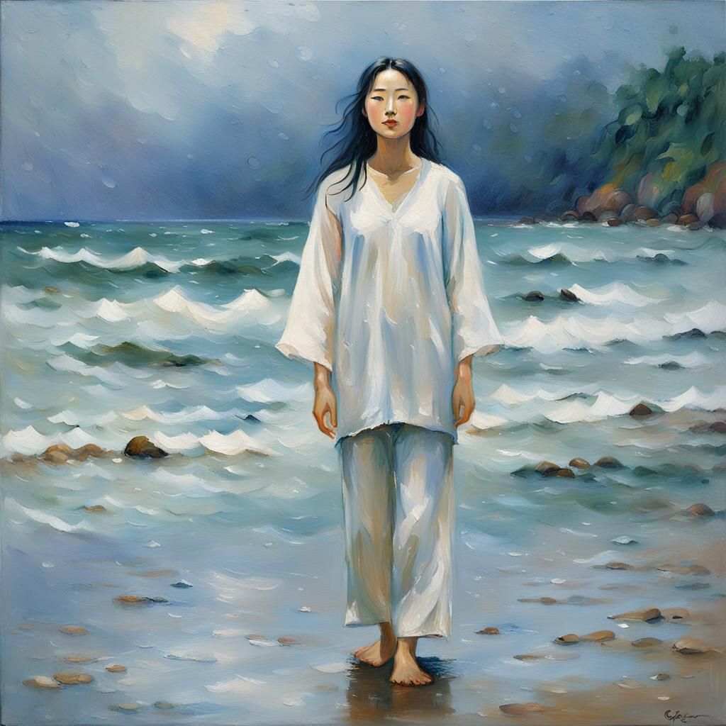 Korean Woman in Rain, Impressionist Oil Painting